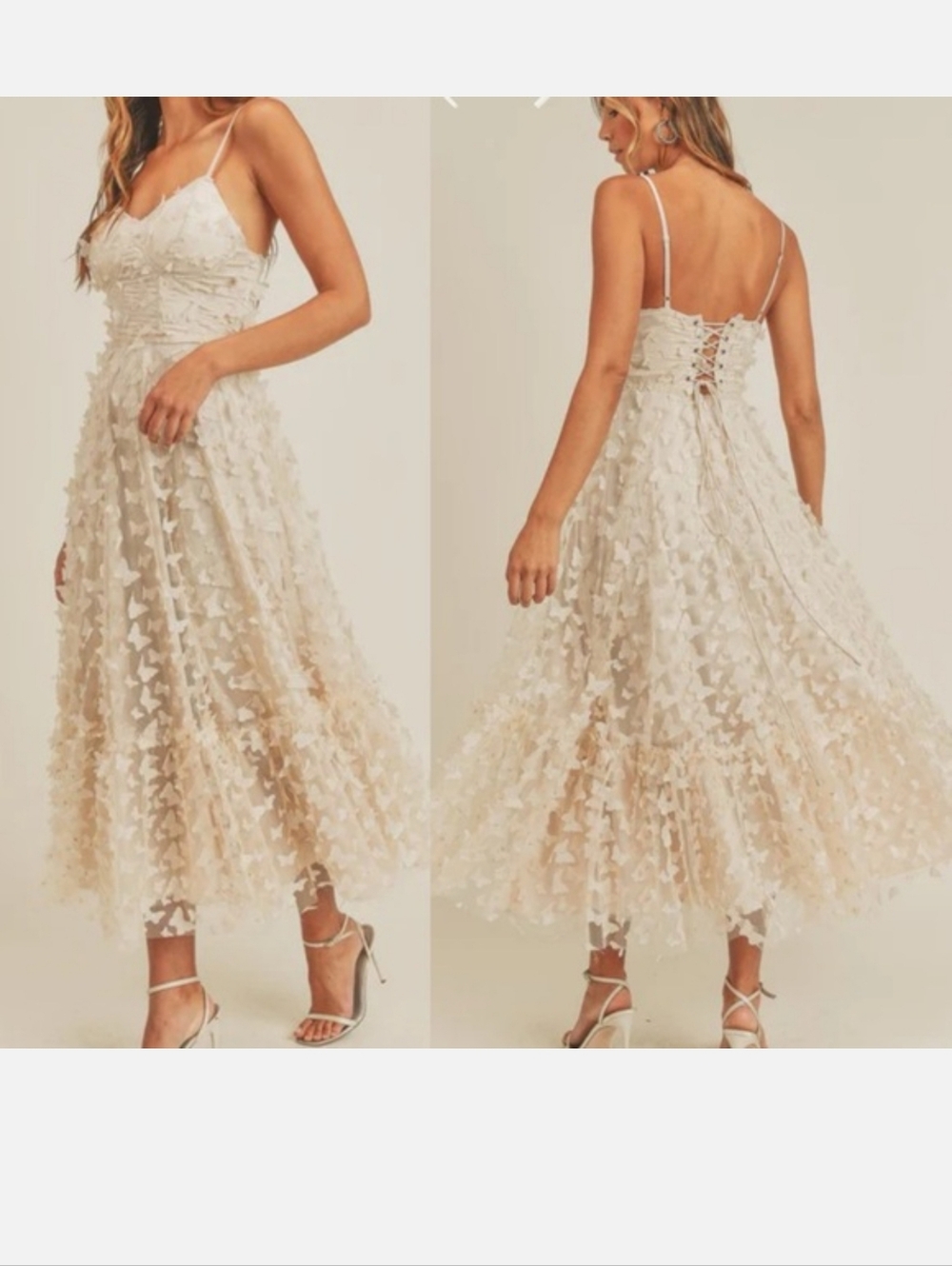 Thirty Thirty Butterfly Mesh Spaghetti Strap White Floral Maxi Dress Tie Back M